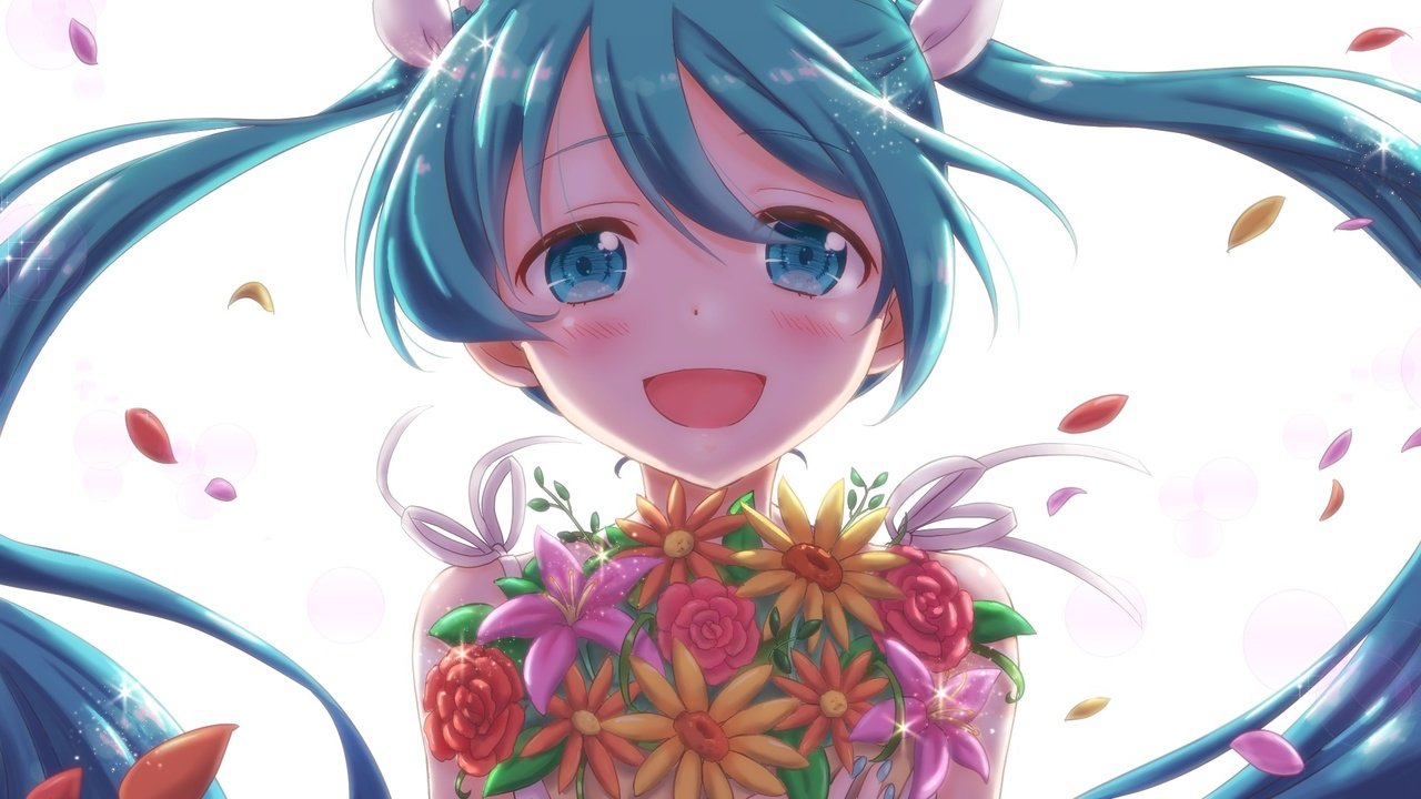 Обои лепестки, вокалоид, twintails,  цветы, улыбается, мику хацунэ, petals, vocaloid, flowers, smiling, hatsune miku разрешение 1920x1080 Загрузить