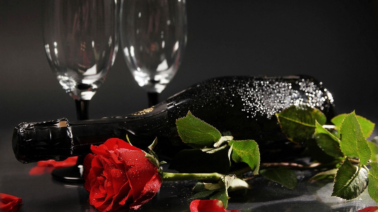 Обои цветок, роза, лепестки, бутон, бутылка, бокалы, шампанское, красная роза, flower, rose, petals, bud, bottle, glasses, champagne, red rose разрешение 2560x1600 Загрузить