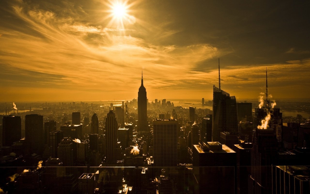 Обои солнце, небоскребы, сепия, нью-йорк, the sun, skyscrapers, sepia, new york разрешение 2560x1600 Загрузить