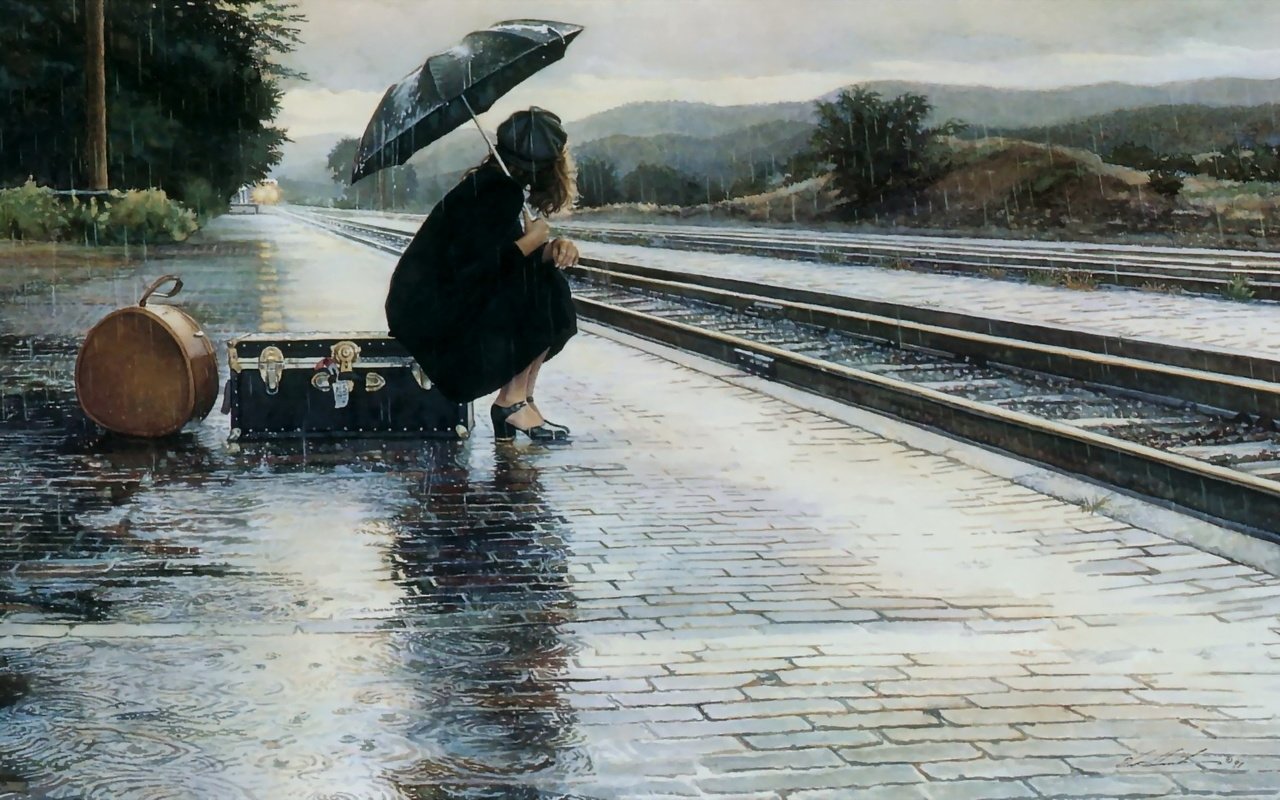 Обои девушка, грусть, дождь, чемодан, перрон, расставание, girl, sadness, rain, suitcase, the platform, parting разрешение 1920x1080 Загрузить