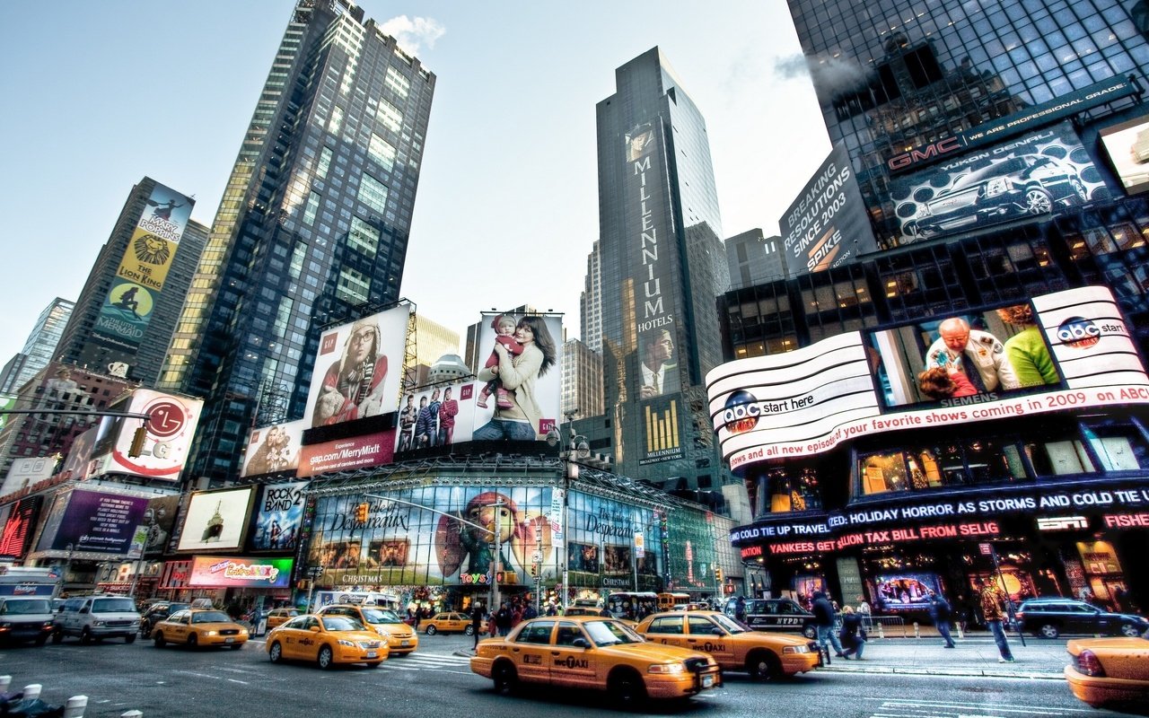 Обои дорога, небоскребы, нью-йорк, такси, реклама, road, skyscrapers, new york, taxi, advertising разрешение 2560x1600 Загрузить