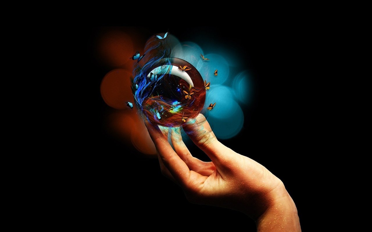 Обои рука, черный фон, бабочки, пальцы, стеклянный шар, hand, black background, butterfly, fingers, glass globe разрешение 1920x1200 Загрузить