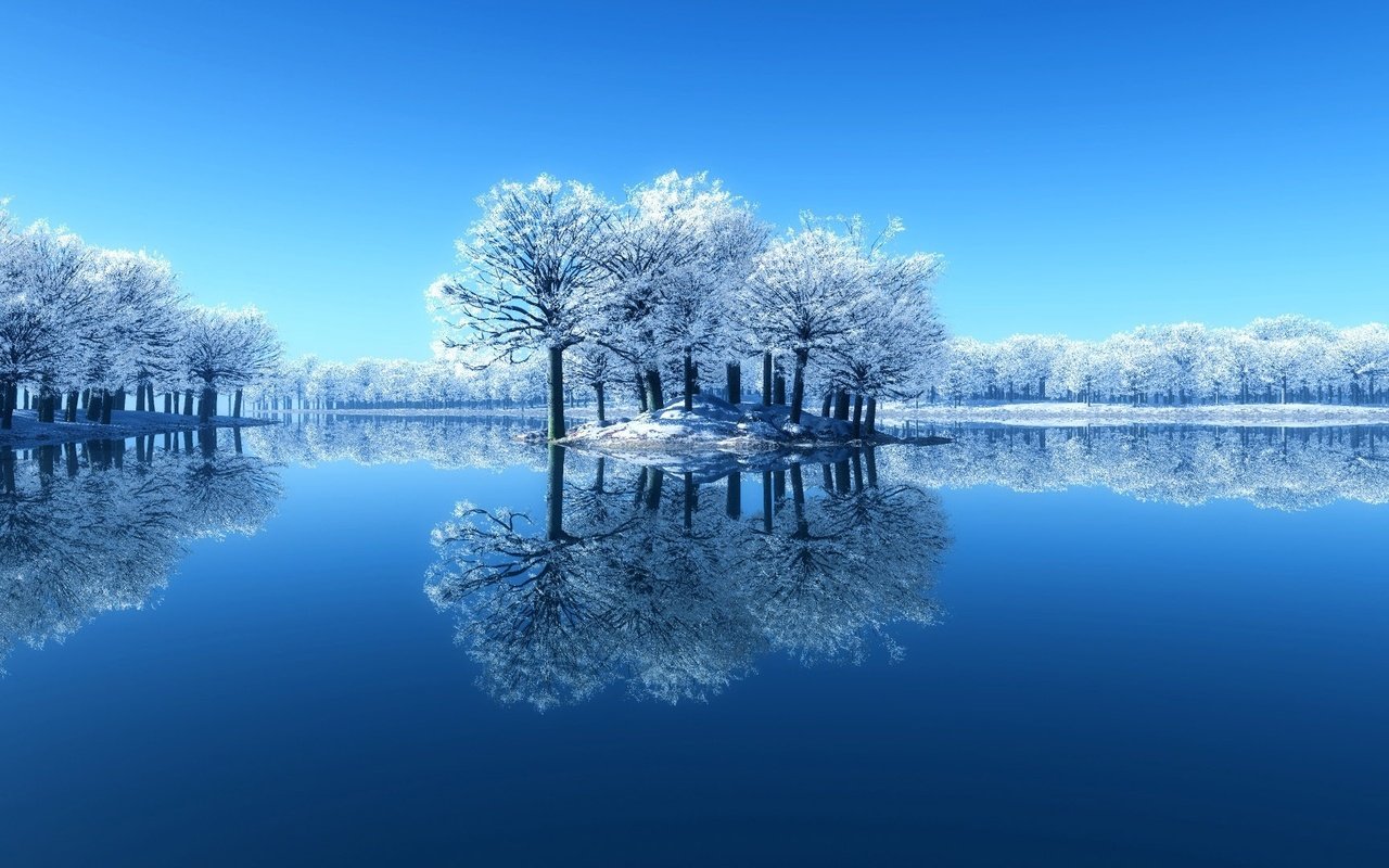 Обои небо, остров, деревья, вода, озеро, снег, зима, отражение, иней, the sky, island, trees, water, lake, snow, winter, reflection, frost разрешение 1920x1080 Загрузить