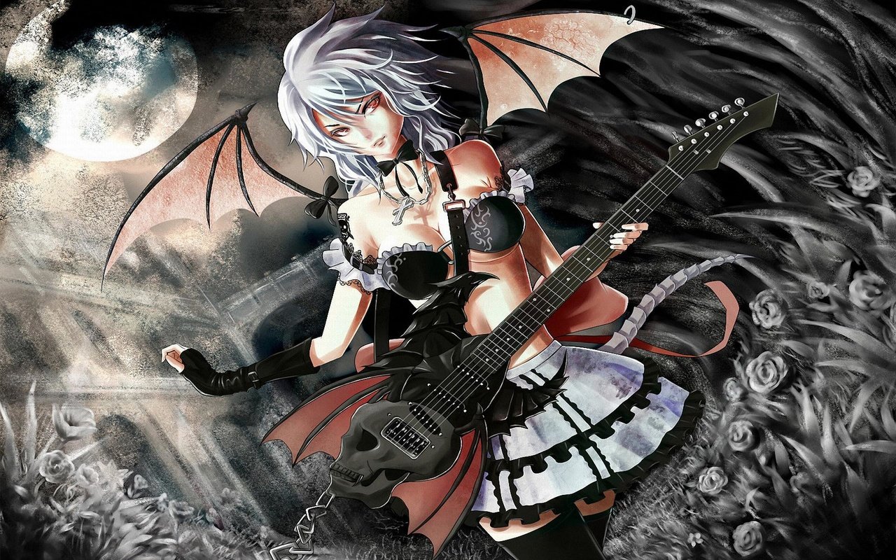 Обои гитара, крылья, аниме, демон, kartinka, syuzhet, yepizod, personazh, серые волосы, guitar, wings, anime, the demon разрешение 1920x1280 Загрузить