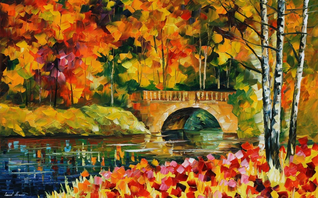 Обои деревья, вода, листья, мост, речка, живопись, trees, water, leaves, bridge, river, painting разрешение 2560x1600 Загрузить