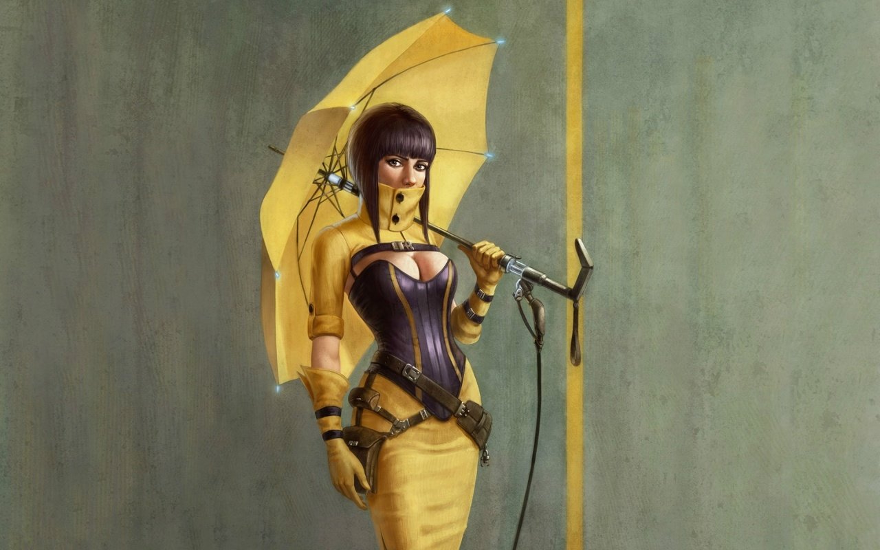 Обои арт, девушка, зонтик, cleavage, boobs, yellow umbrella, сексапильная, art, girl, umbrella, sexy разрешение 1920x1200 Загрузить