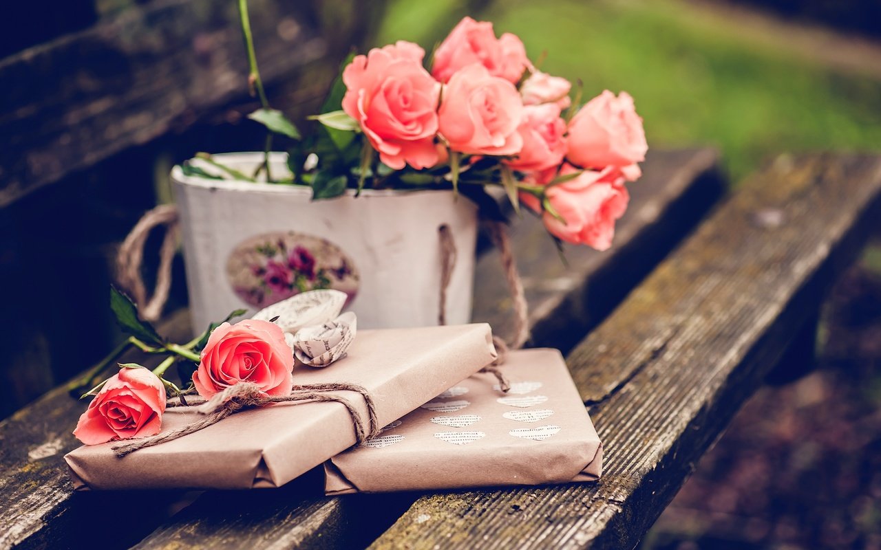 Обои цветы, розы, скамейка, подарок, flowers, roses, bench, gift разрешение 3730x2482 Загрузить