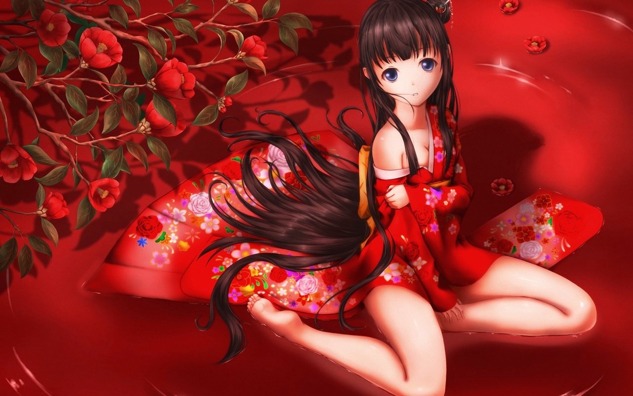 Обои цветы, арт, ветка, девушка, кимоно, красный фон, сидя, tsuchiryuu, tsuchinoe tatsu, flowers, art, branch, girl, kimono, red background, sitting разрешение 1920x1356 Загрузить