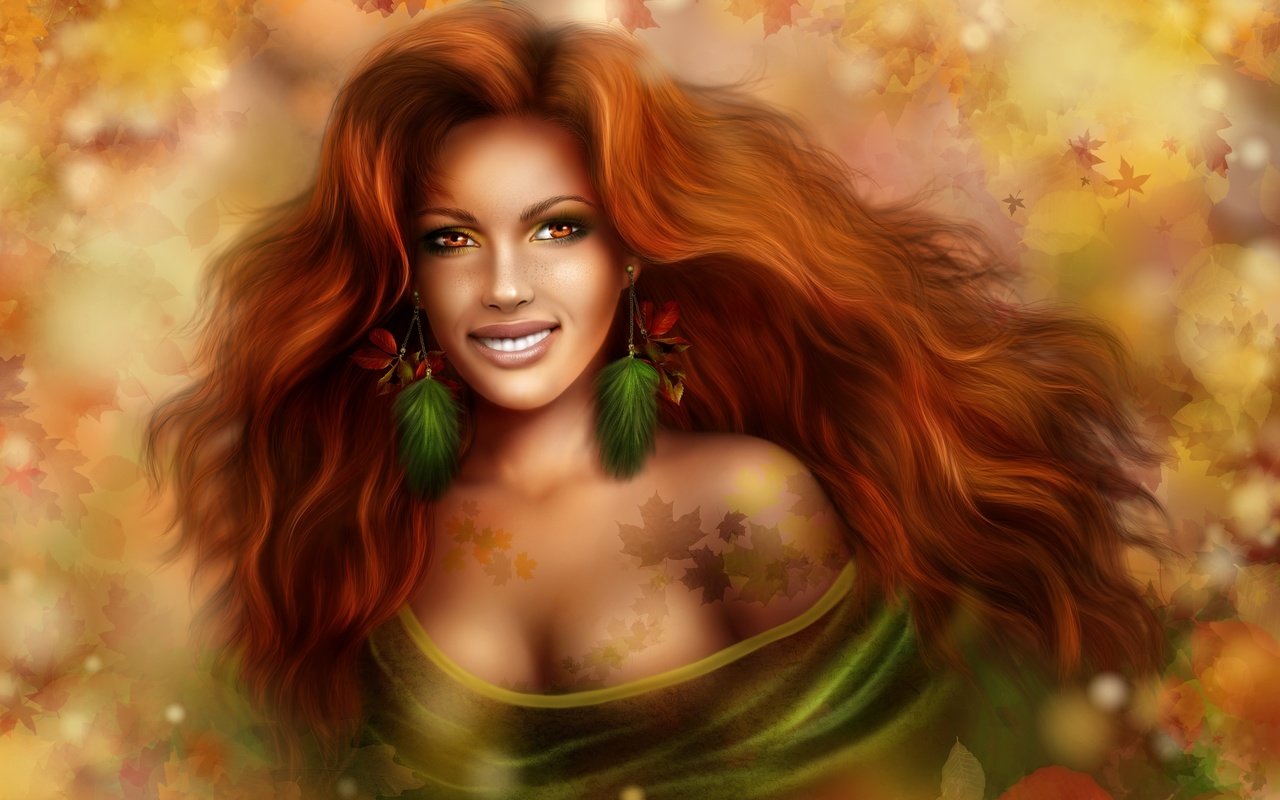 Обои листья, девушка, улыбка, осень, рыжая, волосы, leaves, girl, smile, autumn, red, hair разрешение 3874x2521 Загрузить