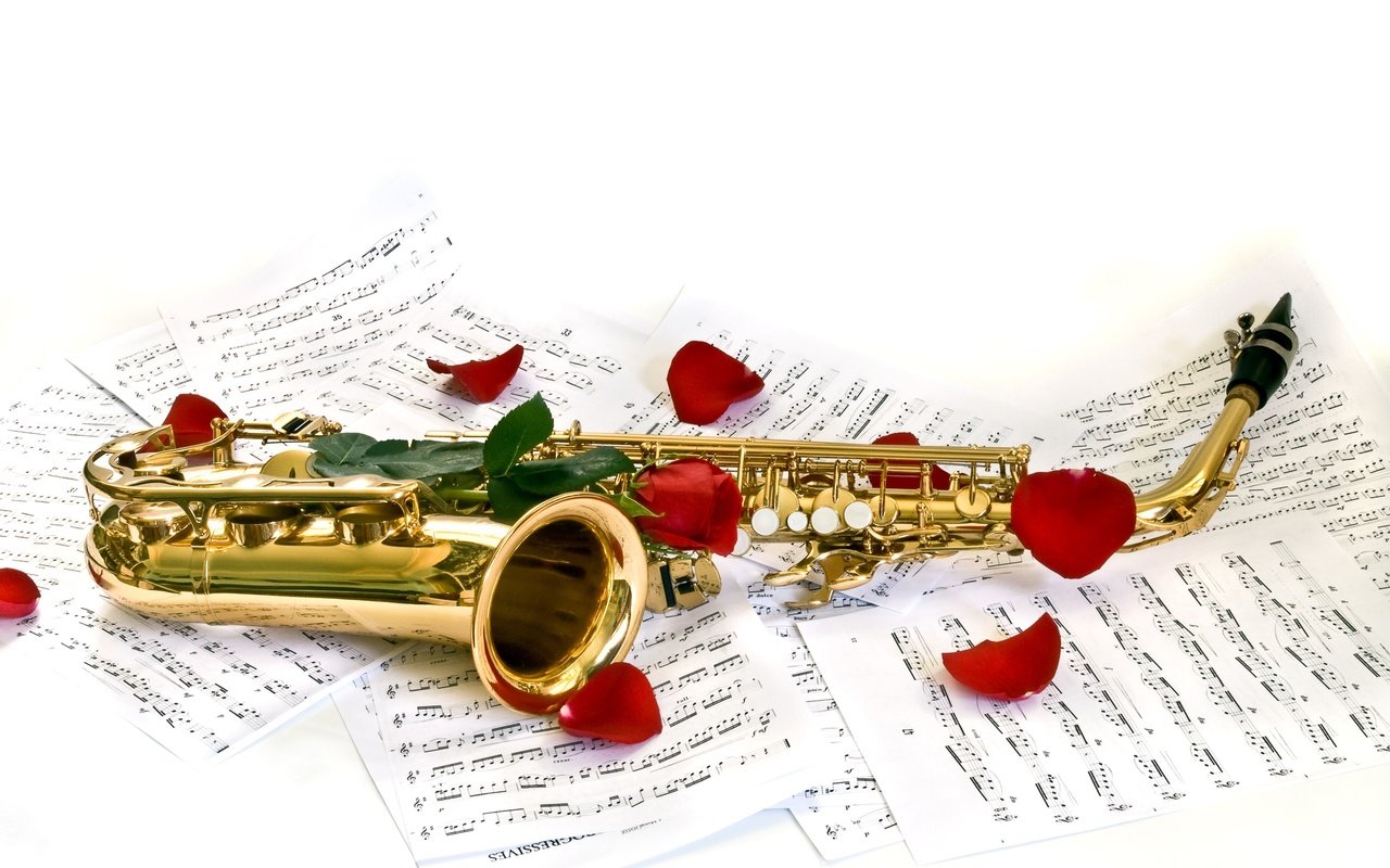 Обои ноты, белый фон, саксофон, музыкальный инструмент, лепестки розы, notes, white background, saxophone, musical instrument разрешение 3872x2592 Загрузить