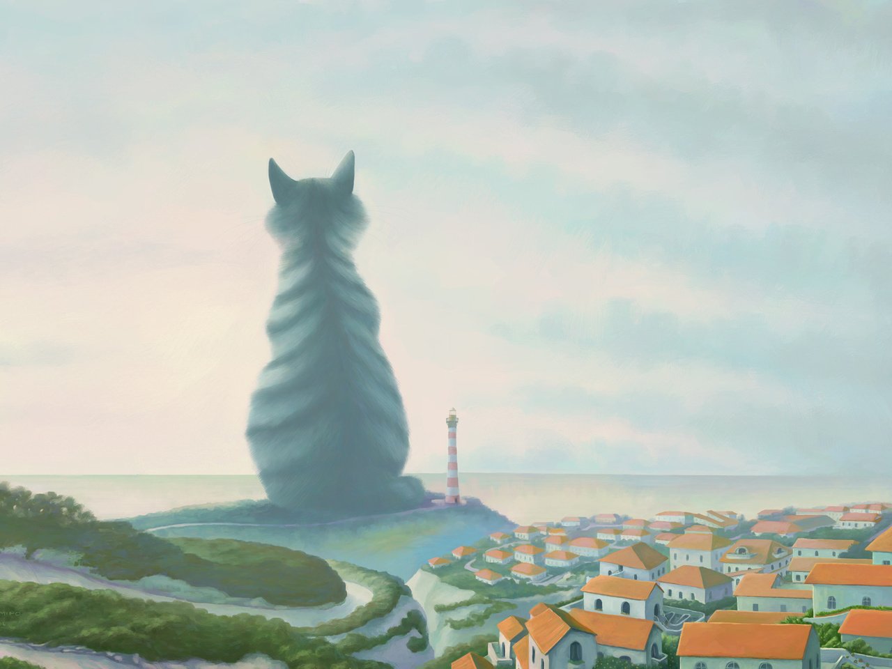 Обои кот, маяк, город, великан, cat, lighthouse, the city, giant разрешение 1920x1200 Загрузить