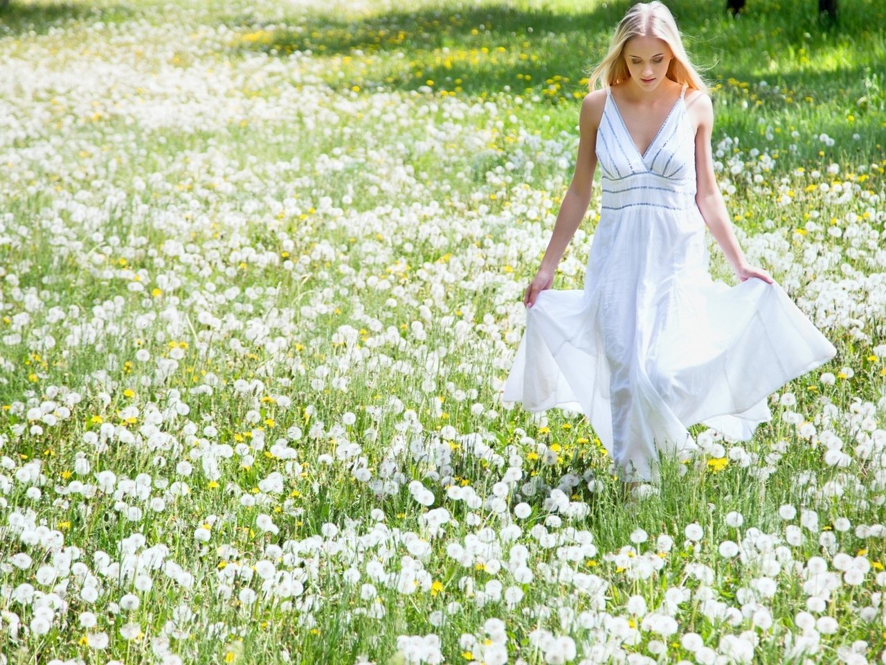 Обои цветы, девушка, платье, блондинка, поле, одуванчики, flowers, girl, dress, blonde, field, dandelions разрешение 1920x1200 Загрузить