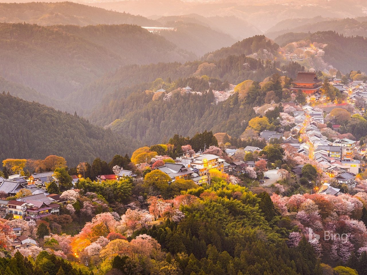 Обои деревья, горы, цветение, город, япония, весна, сакура, yoshino, trees, mountains, flowering, the city, japan, spring, sakura разрешение 1920x1200 Загрузить