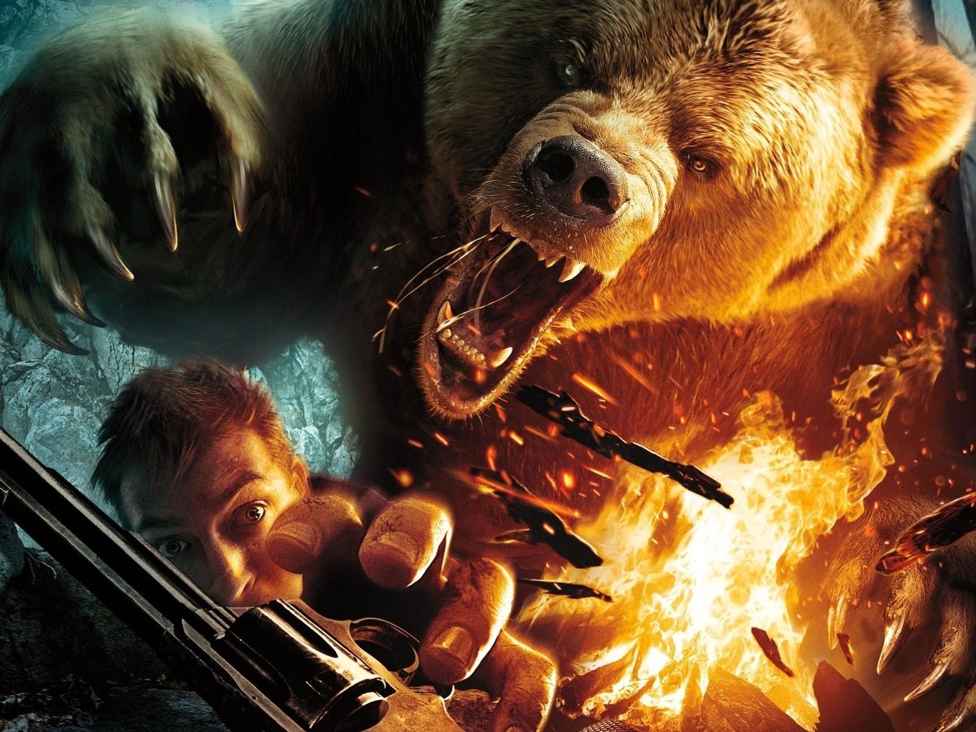 Обои огонь, мужик, револьвер, гризли, рык, fire, man, revolver, grizzly, roar разрешение 1920x1200 Загрузить