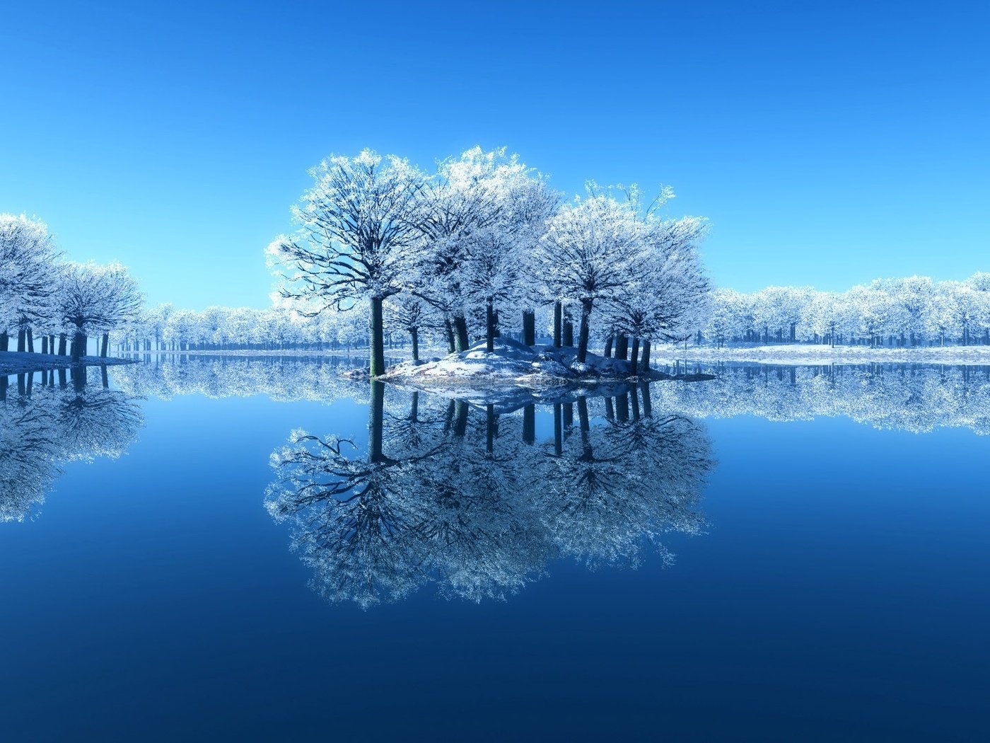 Обои небо, остров, деревья, вода, озеро, снег, зима, отражение, иней, the sky, island, trees, water, lake, snow, winter, reflection, frost разрешение 1920x1080 Загрузить