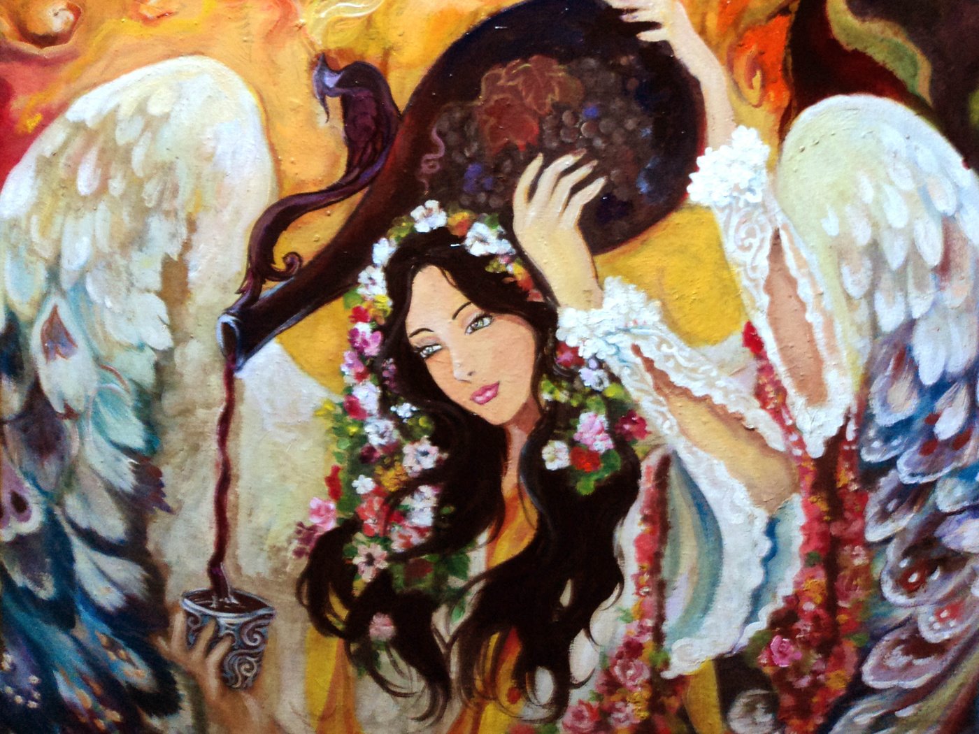 Обои цветы, живопись, девушка, взгляд, крылья, ангел, волосы, лицо, руки, flowers, painting, girl, look, wings, angel, hair, face, hands разрешение 3000x2405 Загрузить