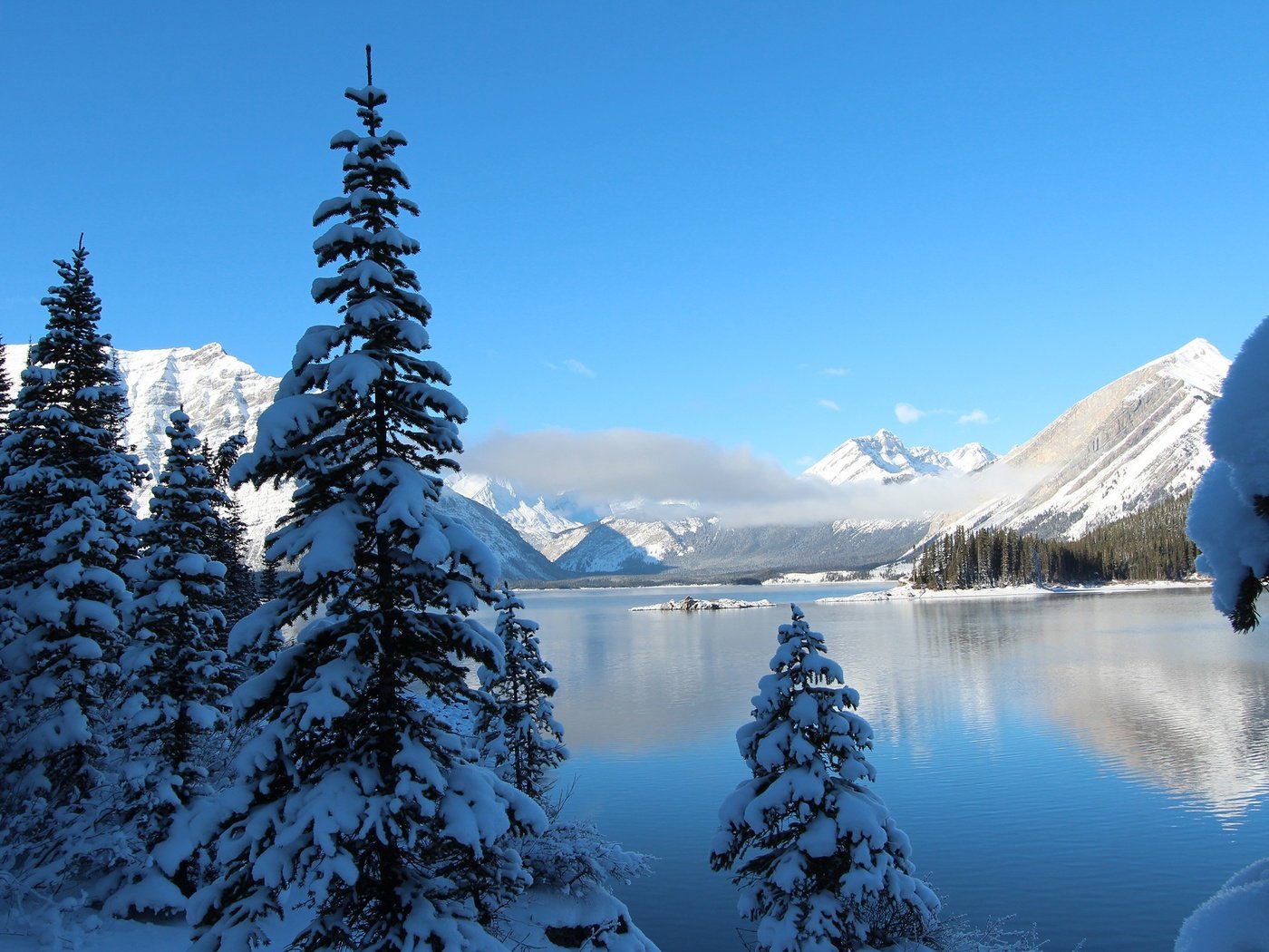 Обои небо, деревья, озеро, горы, снег, зима, ели, the sky, trees, lake, mountains, snow, winter, ate разрешение 2560x1600 Загрузить