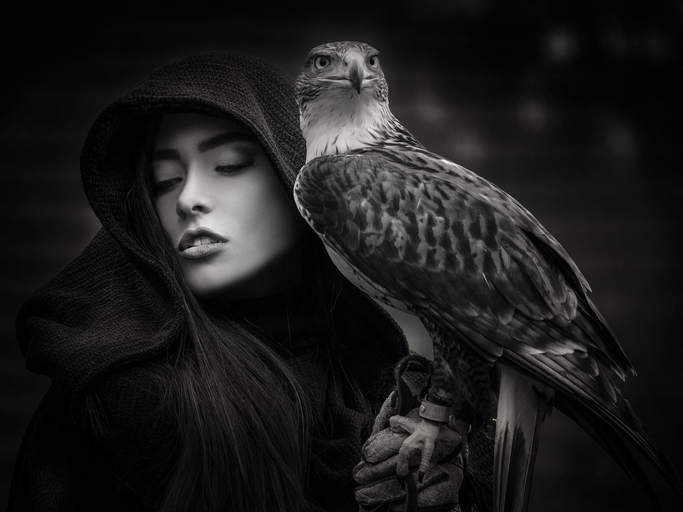 Обои девушка, портрет, чёрно-белое, модель, птица, лицо, joachim bergauer, girl, portrait, black and white, model, bird, face разрешение 2000x1554 Загрузить