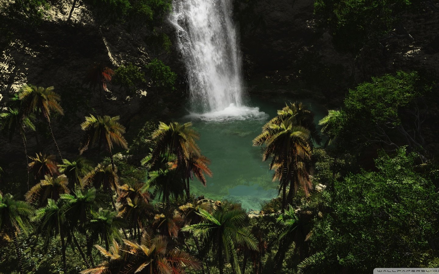 Обои вода, зелень, водопад, пальмы, water, greens, waterfall, palm trees разрешение 1920x1080 Загрузить