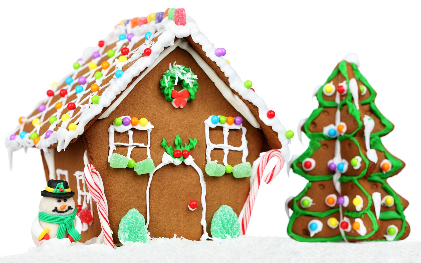 Обои новогодние игрушки, новый год, пряничный домик, елка, шары, снеговик, дом, праздник, рождество, торт, christmas toys, new year, gingerbread house, tree, balls, snowman, house, holiday, christmas, cake разрешение 2560x1600 Загрузить