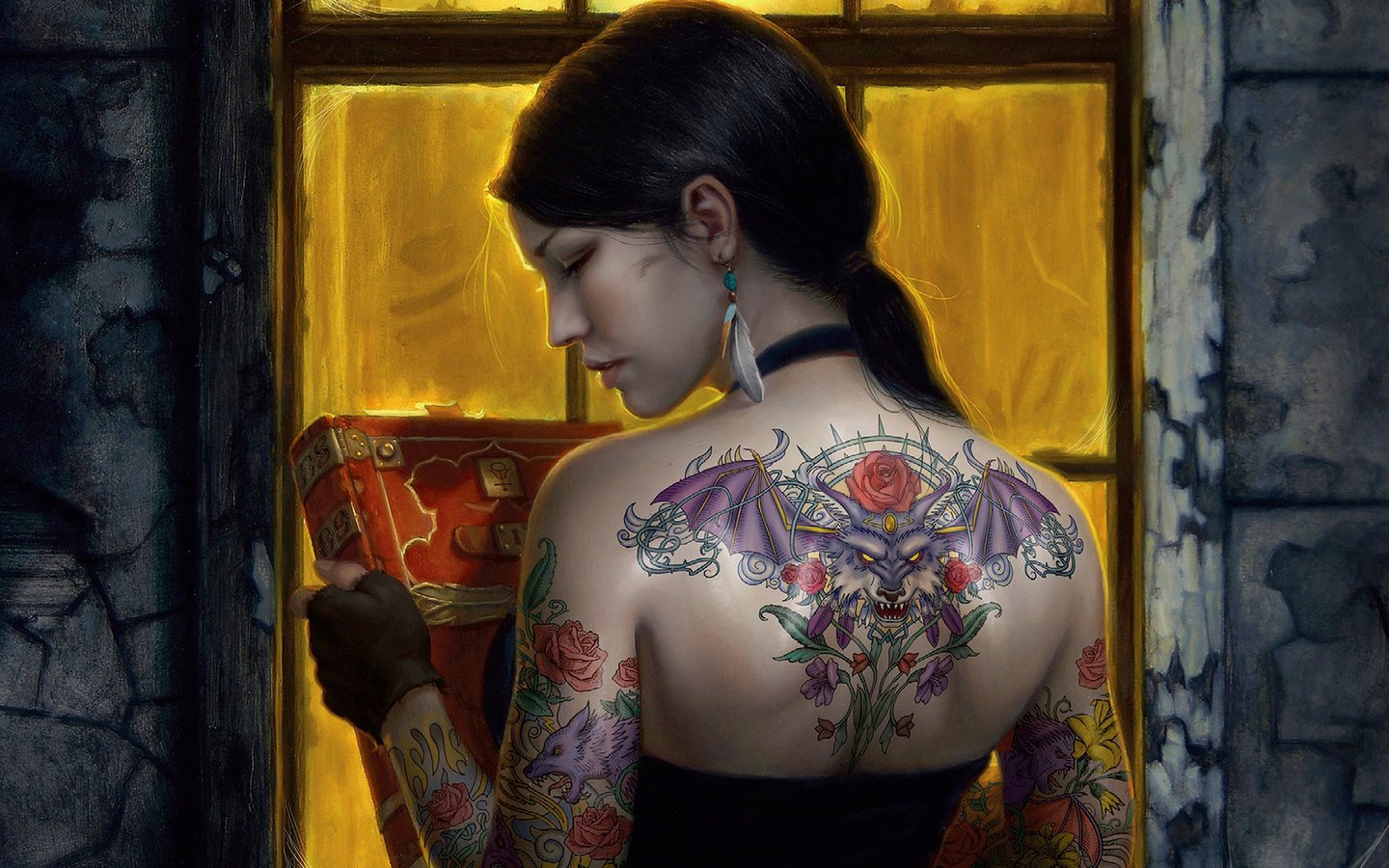 Обои арт, девушка, спина, окно, татуировка, книга, цветная, art, girl, back, window, tattoo, book, color разрешение 1920x1200 Загрузить