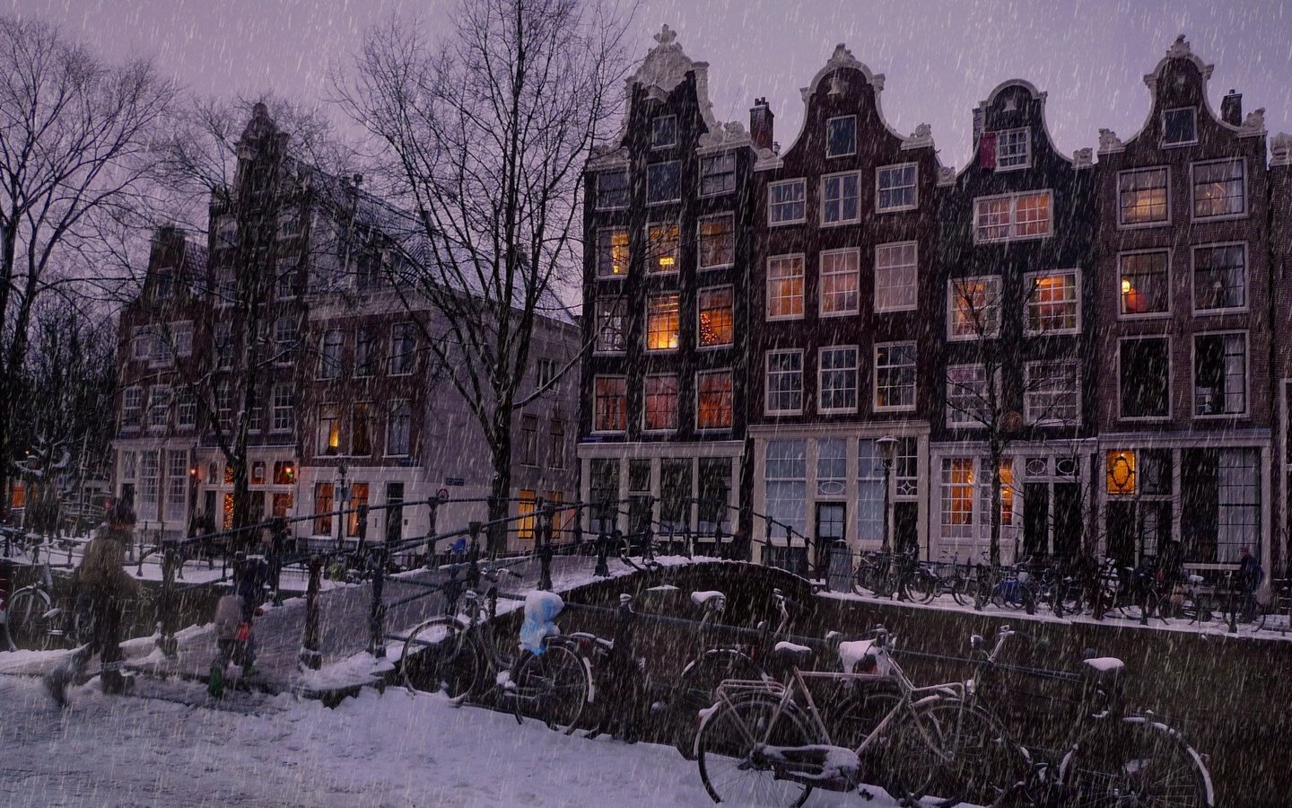 Обои деревья, люди, let it snow in the amsterdam, огни, мост, вечер, дома, река, улица, снег, дождь, зима, здания, окна, пейзаж, зимний, вид, амстердам, amsterdam, trees, people, lights, bridge, the evening, home, river, street, snow, rain, building, winter, windows, landscape, view разрешение 2560x1600 Загрузить