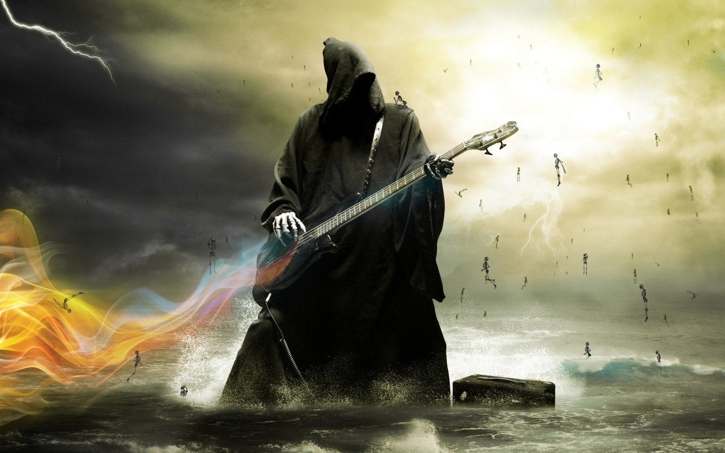 Обои смерть играет на электрогитаре., death plays the guitar. разрешение 2560x1600 Загрузить