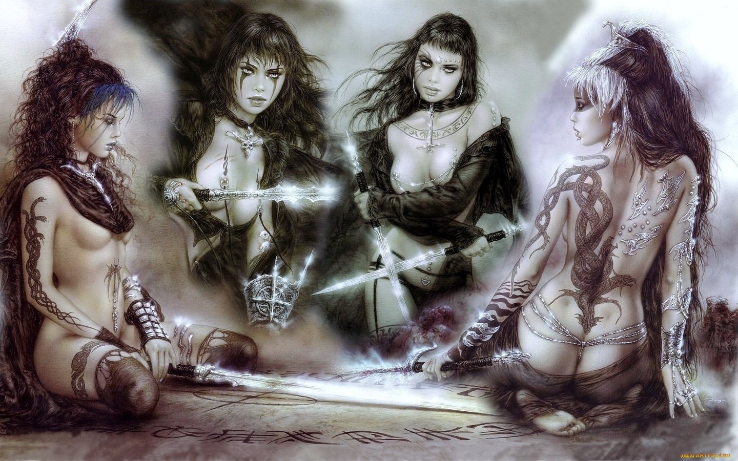 Обои девушки, тату, мечи, луис ройо, girls, tattoo, swords, luis royo разрешение 1920x1200 Загрузить