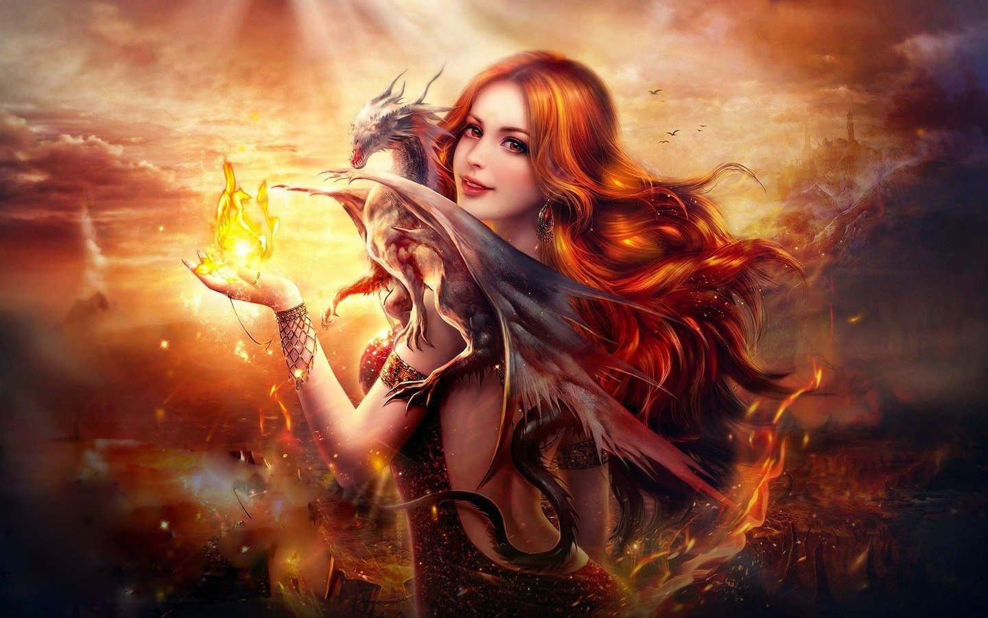 Обои хорошенькая, арт, рыжеволосая, пламя, цифровая, девушка, дракон, огненная, gевочка, огонь, самка, женщина, красива, фантазии, pretty, art, redhead, flame, digital, girl, dragon, fire, female, woman, beautiful, fantasy разрешение 1920x1200 Загрузить