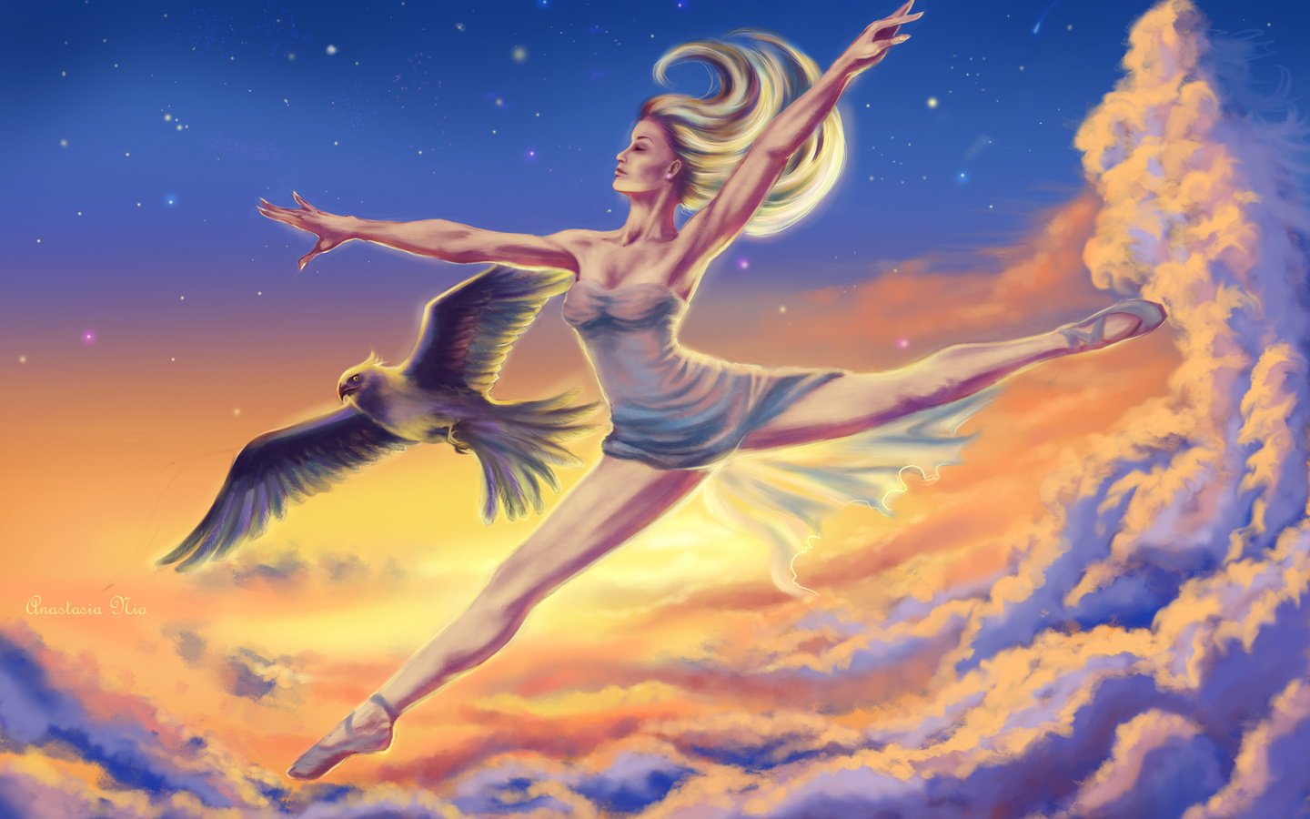 Обои небо, арт, облака, девушка, профиль, птица, волосы, балерина, the sky, art, clouds, girl, profile, bird, hair, ballerina разрешение 2000x1369 Загрузить