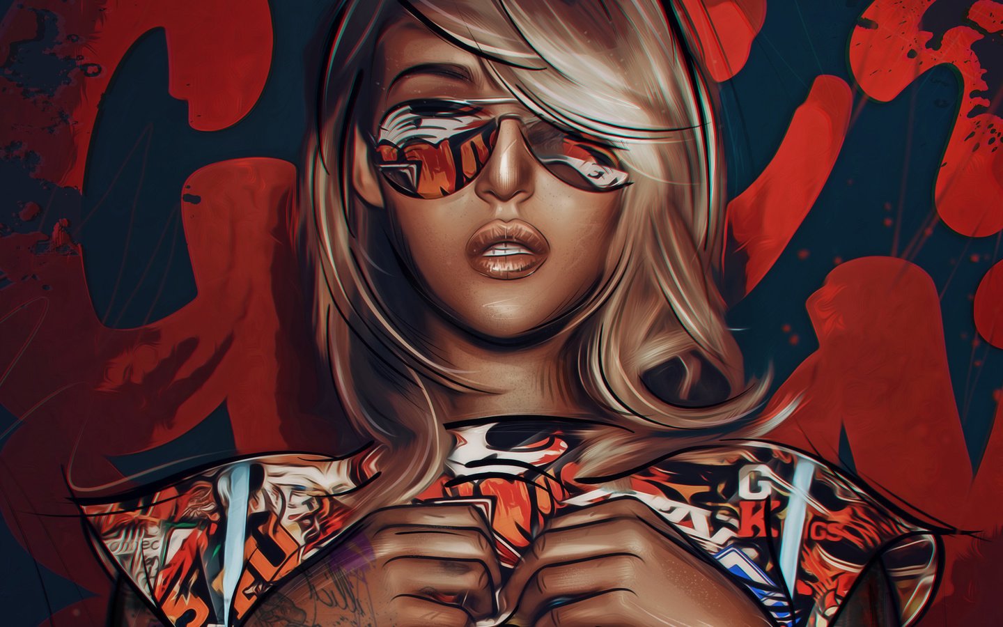 Обои арт, девушка, блондинка, очки, татуировки, лицо, art, girl, blonde, glasses, tattoo, face разрешение 1920x1437 Загрузить