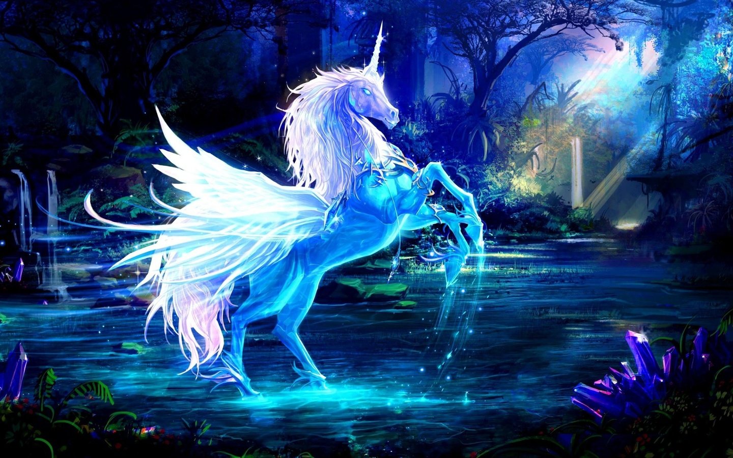 Обои синий, крылья, единорог, рог, водный, blue, wings, unicorn, horn, water разрешение 2560x1440 Загрузить
