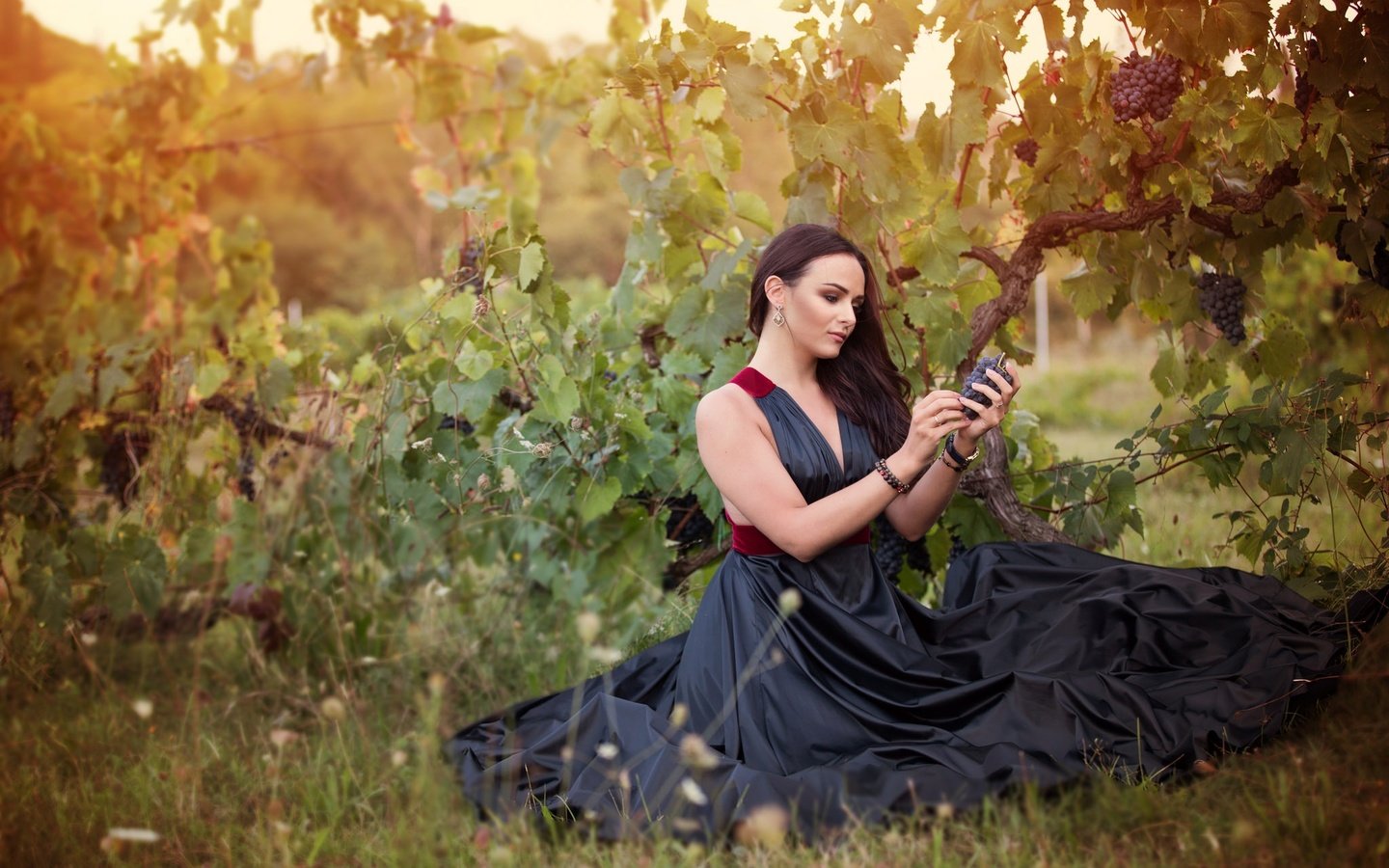 Обои девушка, виноград, платье, брюнетка, взгляд, волосы, girl, grapes, dress, brunette, look, hair разрешение 2048x1365 Загрузить