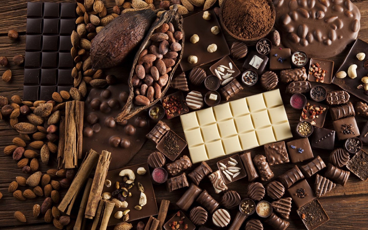 Обои шоколадные конфеты, орехи, ассортимент, корица, шоколад какао, конфеты, шоколад, сладкое, миндаль, пряности, ассорти, chocolates, nuts, range, cinnamon, chocolate cocoa, candy, chocolate, sweet, almonds, spices, cuts разрешение 2880x1920 Загрузить