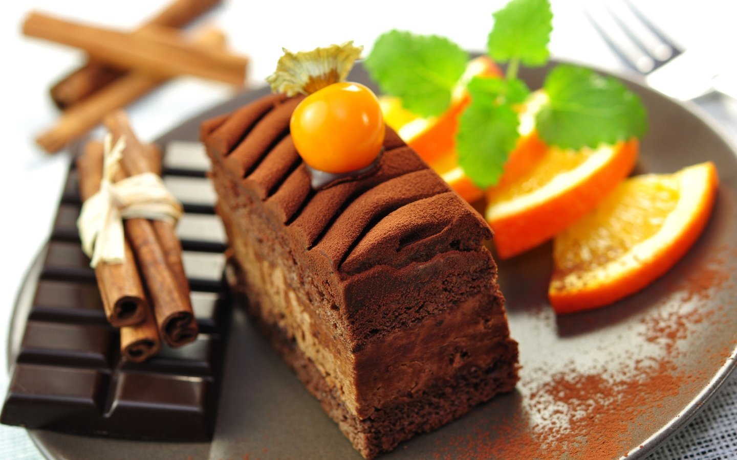 Обои мята, корица, апельсин, шоколад, физалис, пирожное, mint, cinnamon, orange, chocolate, physalis, cake разрешение 2891x1920 Загрузить