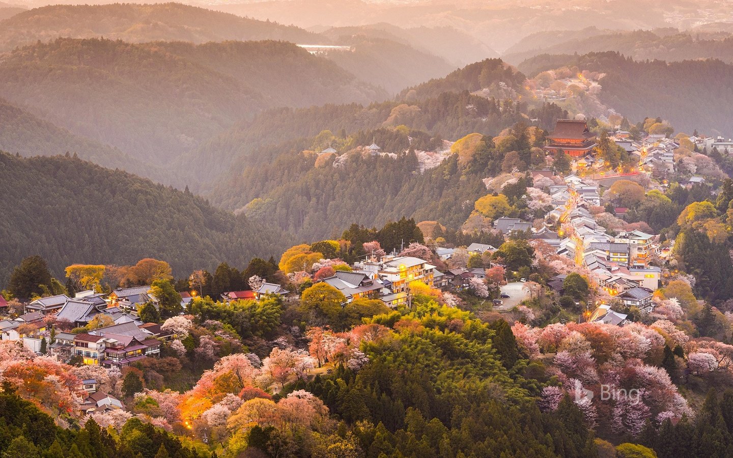 Обои деревья, горы, цветение, город, япония, весна, сакура, yoshino, trees, mountains, flowering, the city, japan, spring, sakura разрешение 1920x1200 Загрузить