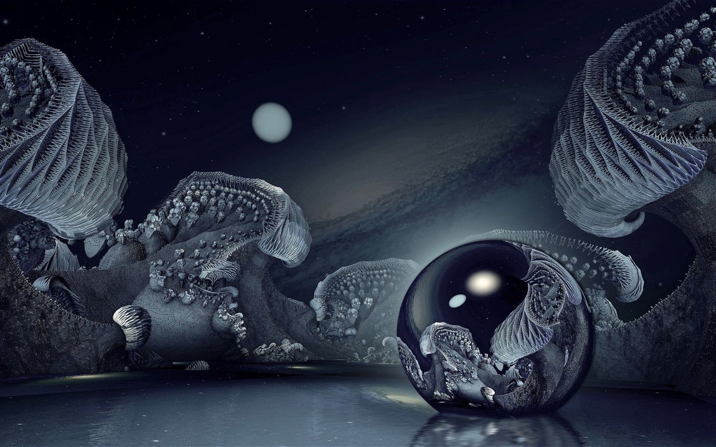 Обои ночь, луна, 3d art, плавающая полупрозрачная сфера, на голубом озере, night, the moon, floating translucent sphere, at blue lake разрешение 2112x1188 Загрузить