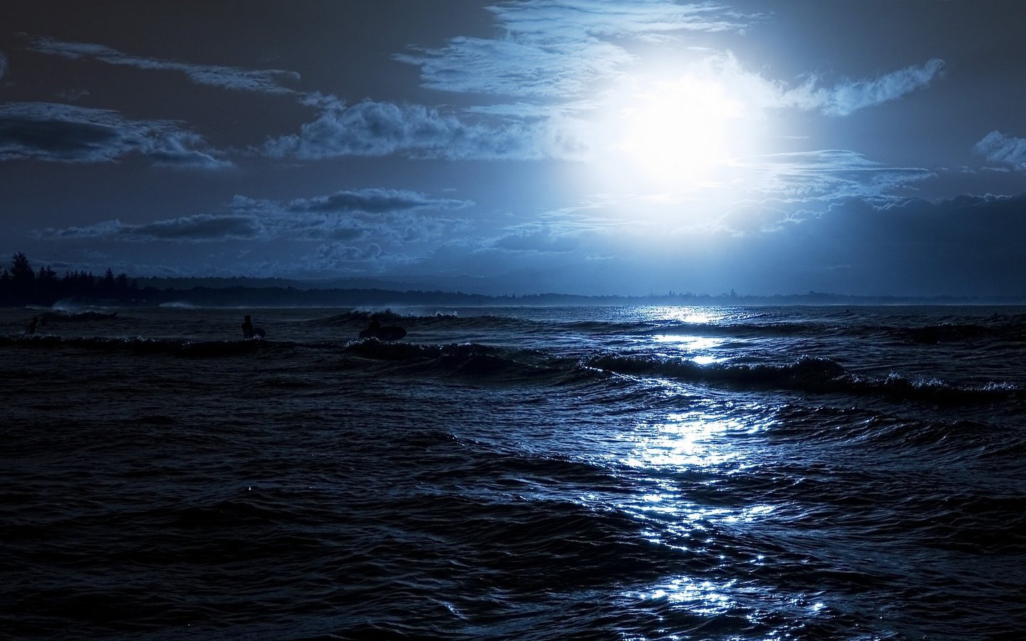 Обои ночь, блики, волны, доски, отражение, серфинг, лучи, море, люди, луна, свечение, night, glare, wave, board, surfing, reflection, rays, sea, people, the moon, glow разрешение 2560x1600 Загрузить