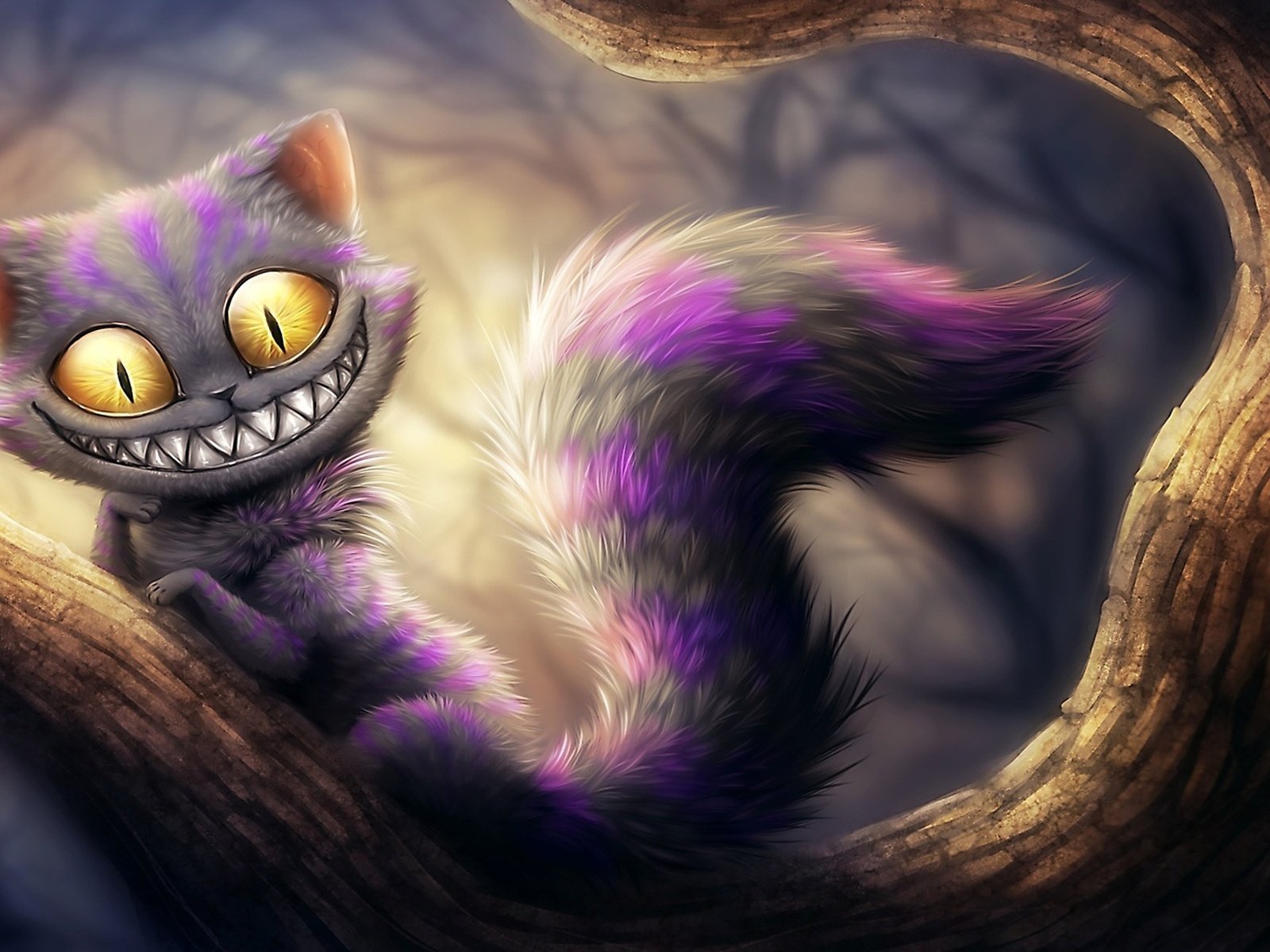 Обои чеширский кот на дереве, cheshire cat in a tree разрешение 2560x1440 Загрузить