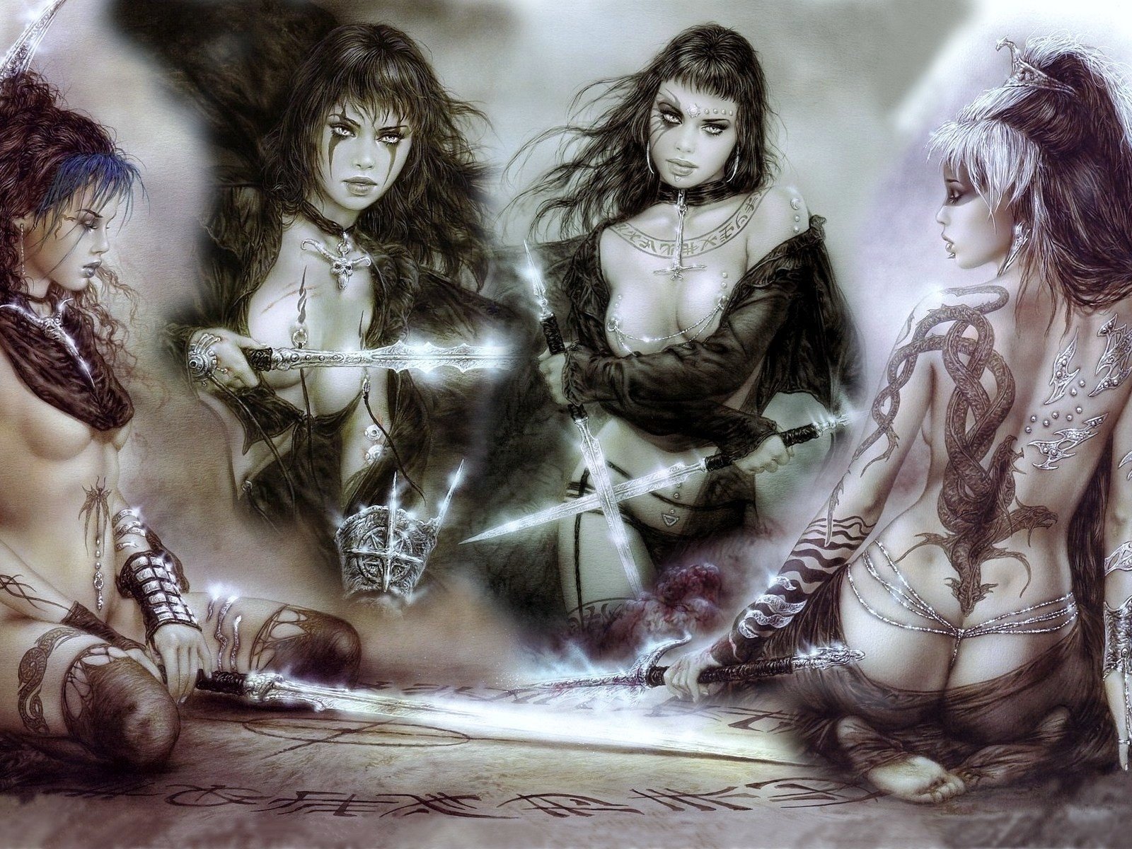 Обои девушки, тату, мечи, луис ройо, girls, tattoo, swords, luis royo разрешение 1920x1200 Загрузить