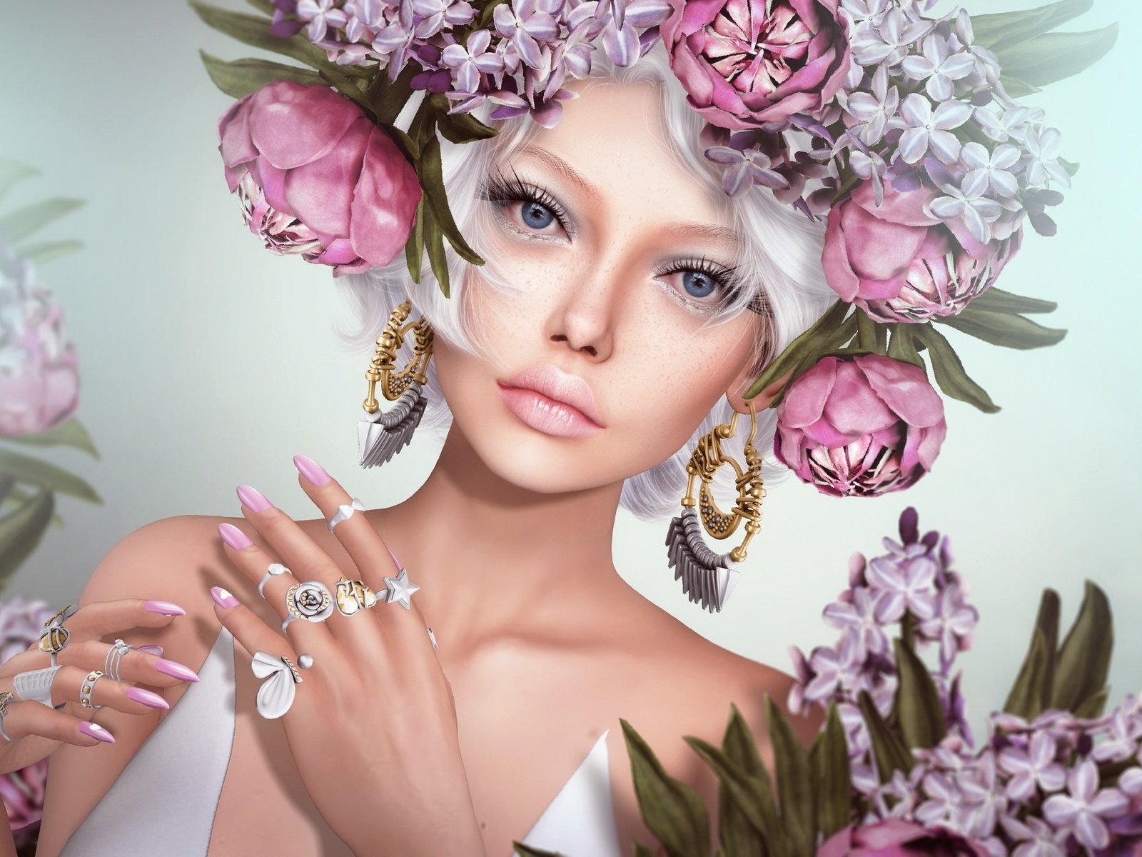 Обои цветы, девушка, кольца, венок, сёрьги, flowers, girl, ring, wreath, earrings разрешение 2048x1390 Загрузить