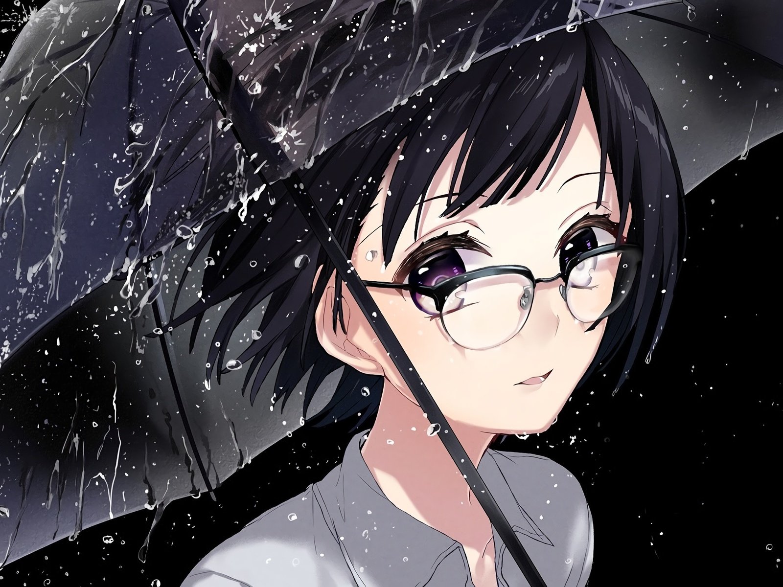 Обои очки, дождь, зонтик, короткие волосы, аниме девочка, meganekko, glasses, rain, umbrella, short hair, anime girl разрешение 2374x1378 Загрузить