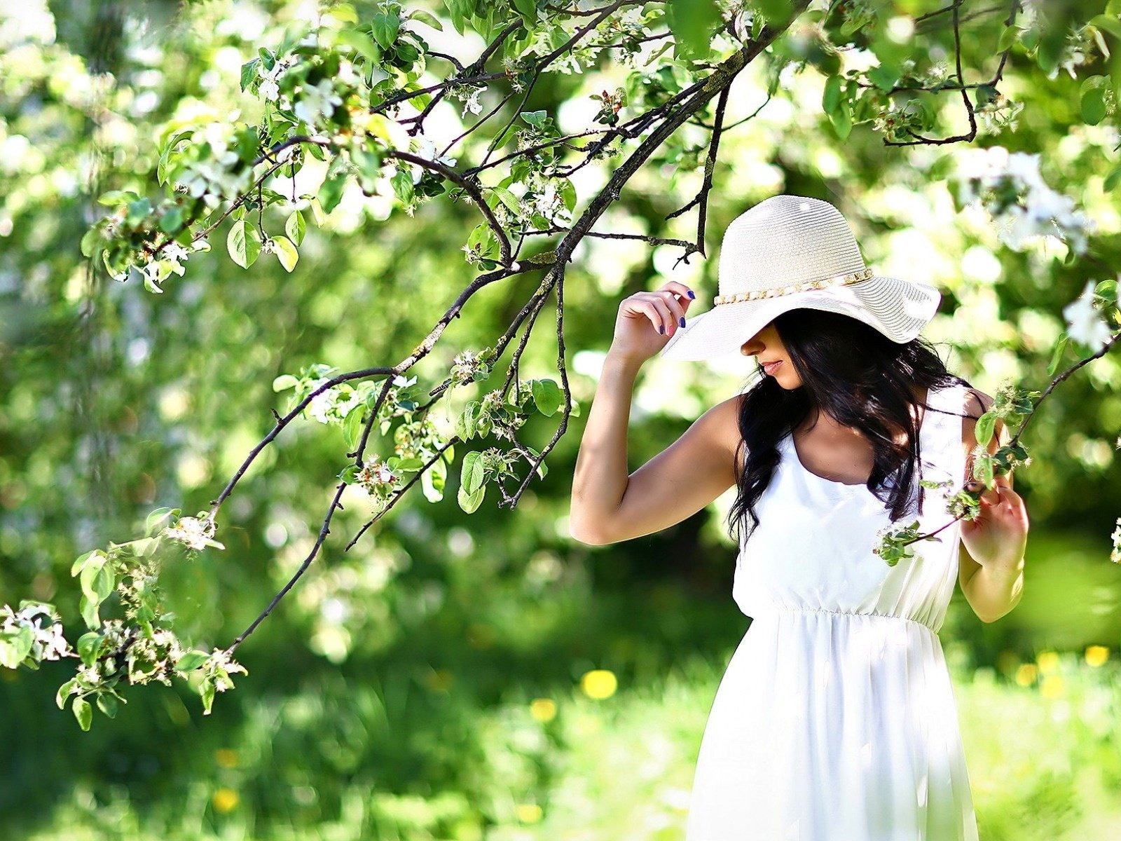 Обои девушка, сад, шляпа, белое платье, girl, garden, hat, white dress разрешение 1920x1200 Загрузить