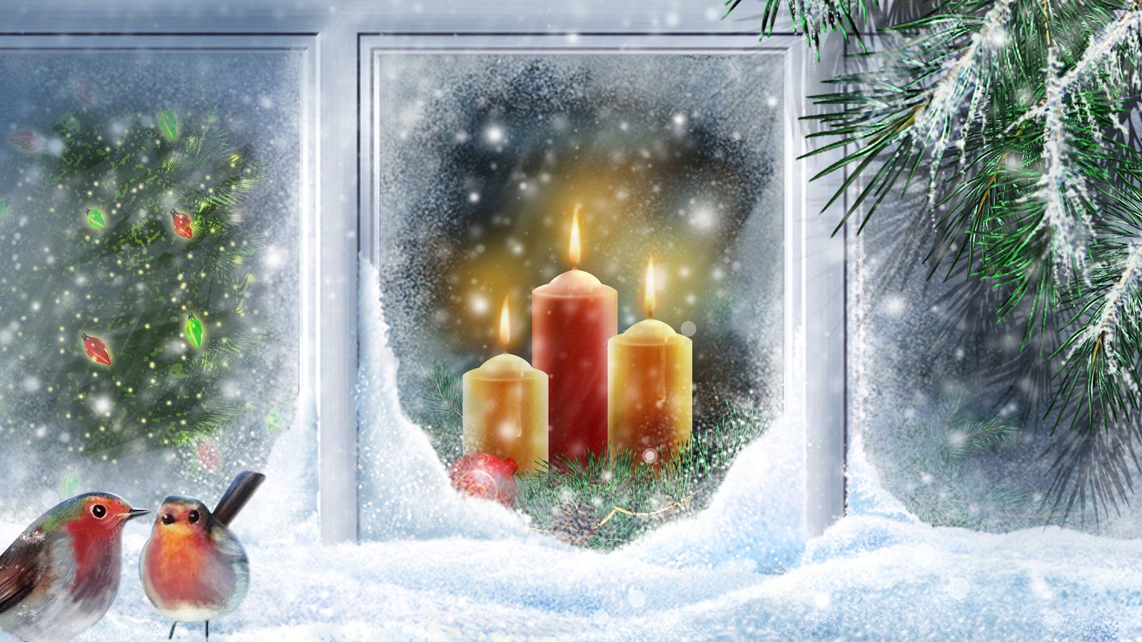 Обои праздник, снег, свечи, новый год, елка, вектор, ветки, птицы, окно, holiday, snow, candles, new year, tree, vector, branches, birds, window разрешение 2560x1670 Загрузить