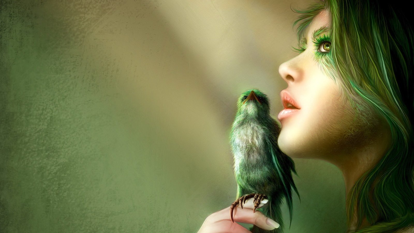 Обои птица, волосы, губы, лицо, nell fallcard - green wisper, bird, hair, lips, face разрешение 1920x1200 Загрузить