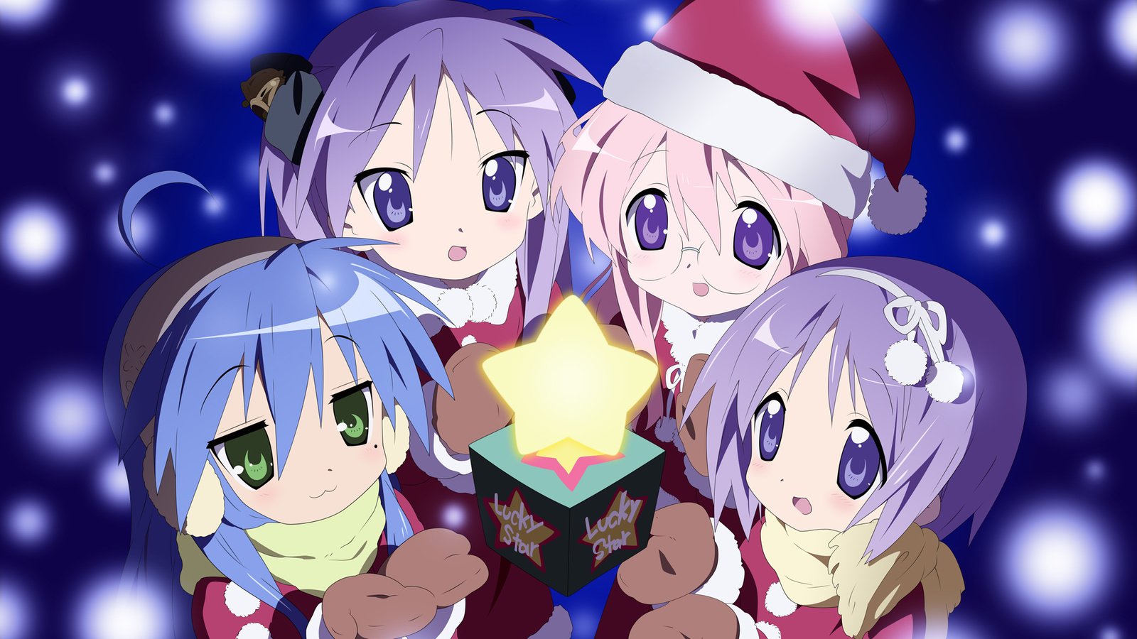 Обои lucky star, izumi konata, hiiragi tsukasa, hiiragi kagami, takara miyuki, елочная, christmas разрешение 1920x1200 Загрузить