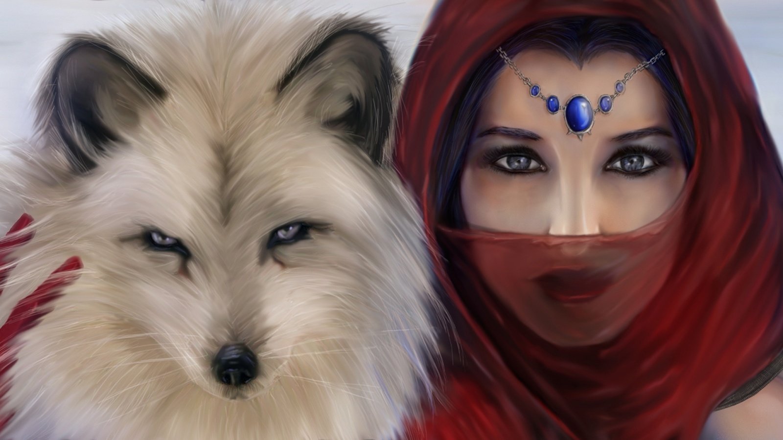 Обои глаза, арт, девушка, взгляд, животное, украшение, красный платок, eyes, art, girl, look, animal, decoration, red scarf разрешение 1920x1080 Загрузить