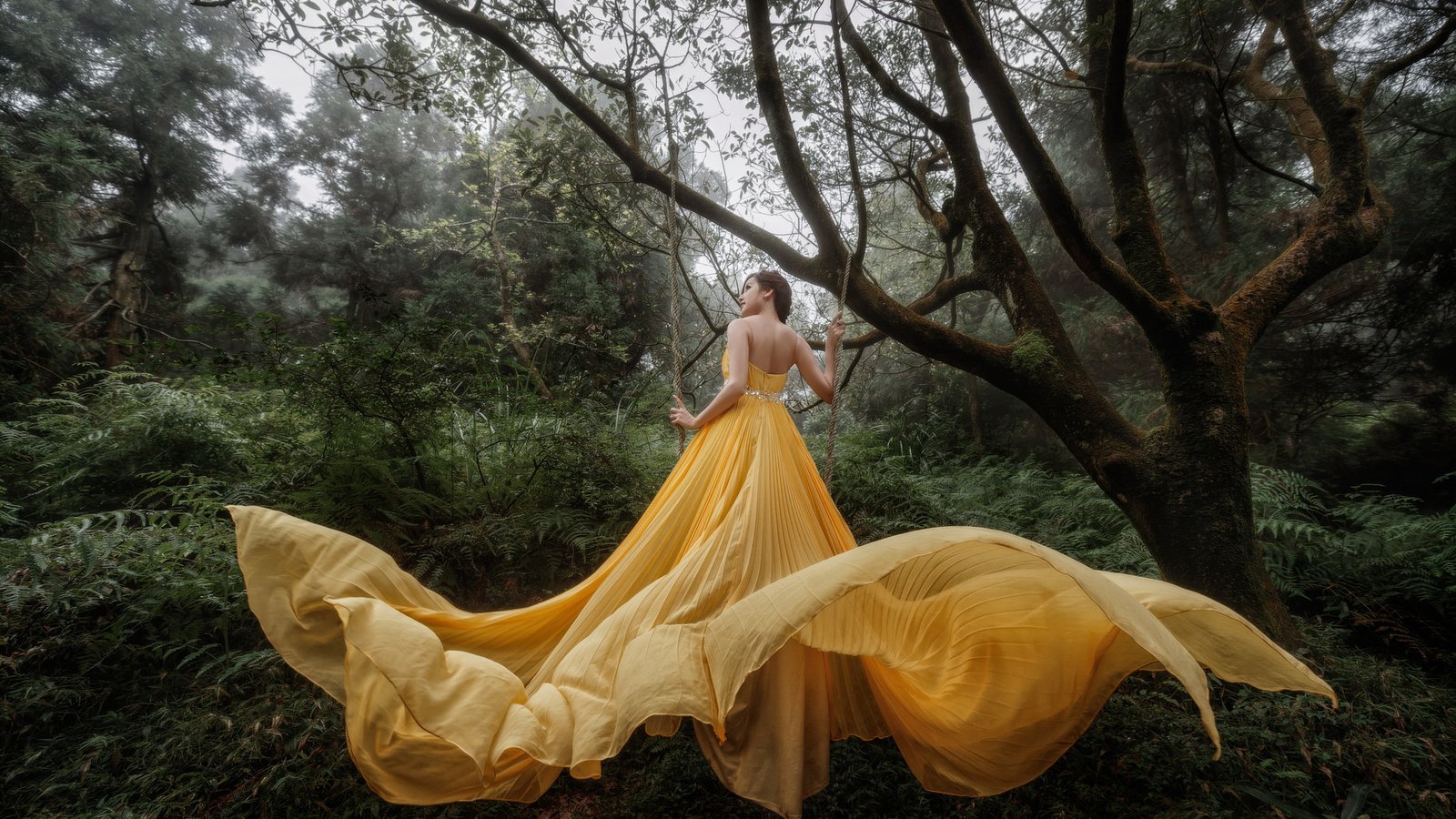 Обои лес, девушка, желтое платье, forest, girl, yellow dress разрешение 2048x1363 Загрузить