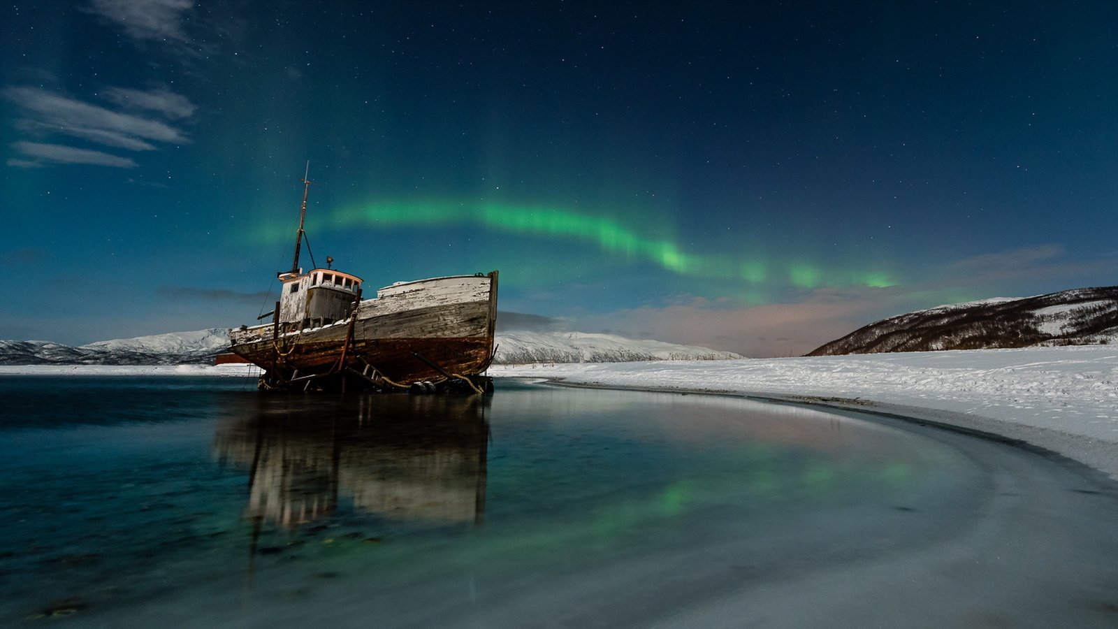 Обои ночь, море, корабль, северное сияние, night, sea, ship, northern lights разрешение 1920x1080 Загрузить