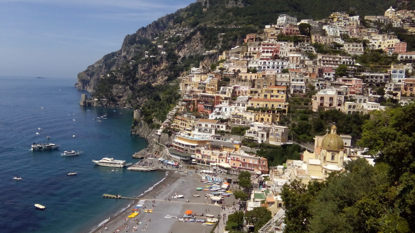 Обои горы, море, дома, италия, позитано, mountains, sea, home, italy, positano разрешение 2560x1376 Загрузить